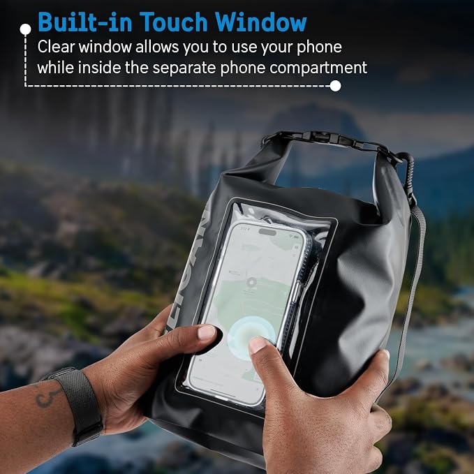 Pelican Marine IP68 Waterproof Dry Bag 5L - Roll Top Waterproof Backpack w/Phone Case/Pouch - Boating & Kayak Accessories - Essentials for Camping Swimming Beach Fishing Rafting Travel - Black