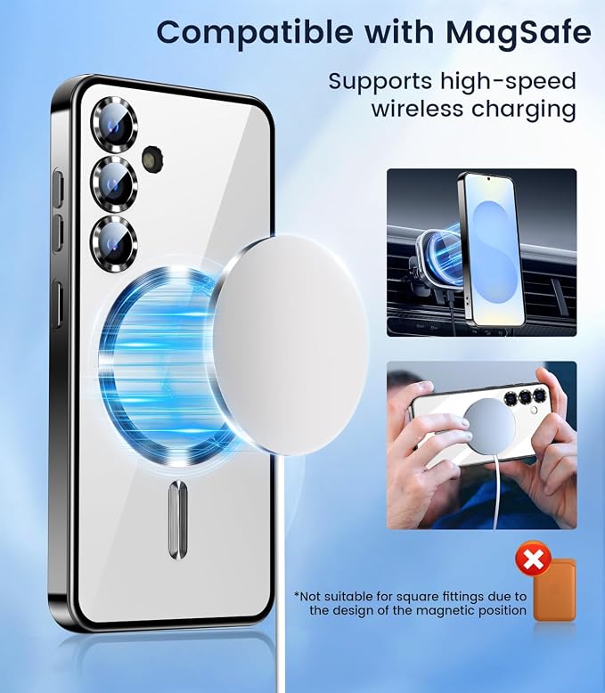 Slim Thin for Samsung Galaxy S25 Case 6.2'', Compatible with MagSafe, Built-in Camera Lens Protector, Shockproof Protective Phone Case, Soft Electroplated Clear Phone Cover, Black