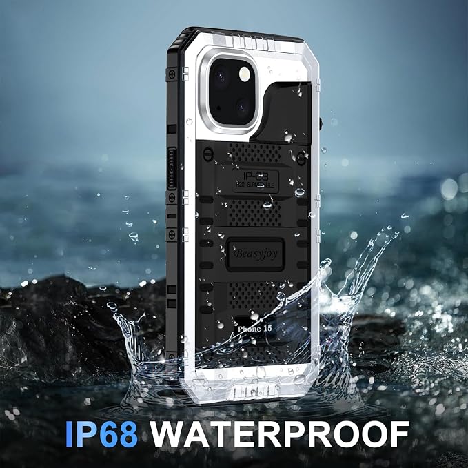 Beasyjoy for iPhone 15 Case Waterproof, Metal Heavy Duty Full Body Protective Case with Built-in Screen Protector, Military Grade Shockproof Dustproof Defender Rugged Cover for iPhone 15 6.1" Silver