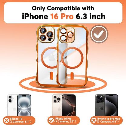 Misscase Designed for iPhone 16 Pro Case 6.3",with Privacy Screen Protector*1,Cute Wave Frame Case with Camera Lens Protector,Compatible with MagSafe Plating Bling for Women Orange