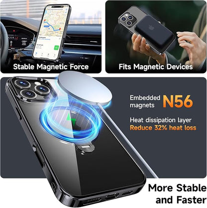 [Tri-Shield Protection] for iPhone 16 Pro Max Case with 360° Spin Stand Compatible with MagSafe [Magnetic CD Ring][Screen & Camera Lens Protector] Shockproof Plating Never-Yellowing, Black-6.9"