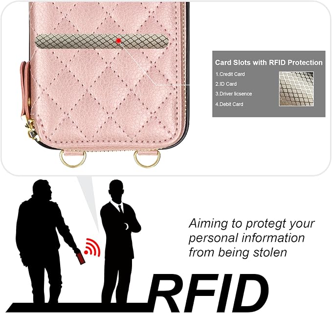 Bocasal Crossbody Wallet Case for iPhone 15 Pro Max, RFID Blocking PU Leather Zipper Handbag Purse Flip Cover, Kickstand Folio Case with Card Slots Holder Wrist Strap Lanyard 5G 6.7 Inch (Rose Gold)