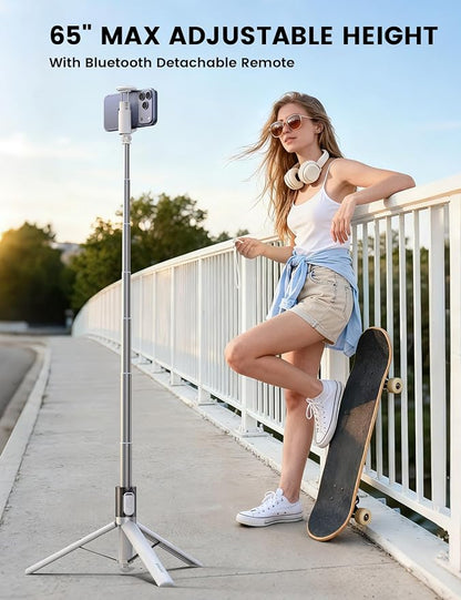 Lamicall 65" Phone Tripod & Selfie Stick - [Tap-to-Open] iPhone Tripod with Remote & Cold Shoe, Aluminum Phone Stand for Recording Compatible with iPhone for Video Recording Live Stream Vlog White