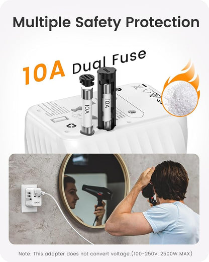 LENCENT Universal Travel Power Adapter, International AC Plug Adaptor | with 3 USB A Ports 1 Type C PD Wall Charger Worldwide Travel Essentials for US to EU UK Ireland Australia (Type C/G/A/I)White