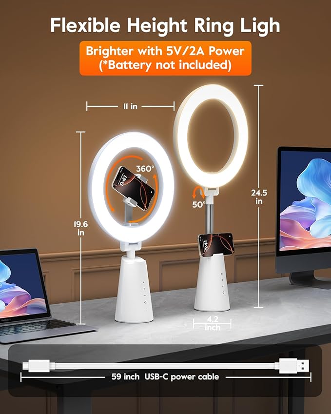 11" True-Color Desk Ring Light with Stand & Dual Phone Holders – CRI 98+ Soft Desk Selfie Light, 224 LEDs, 4 Color Modes, Touch Control for Makeup, Live Streaming, Video Recording, Zoom Calls&TikTok