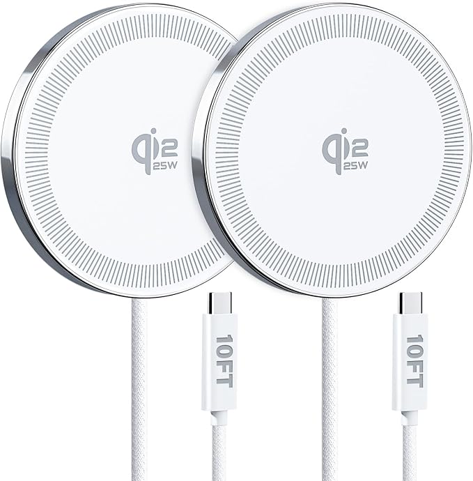 25W Wireless Charger for MagSafe, Qi2.2 Magnetic Fast Charging Pad for iPhone 17/16/15/14/13/12 Series & AirPods, Strong Magnet, Portable Wireless Charger for Travel Home Office (White, 2Pack(10FT))
