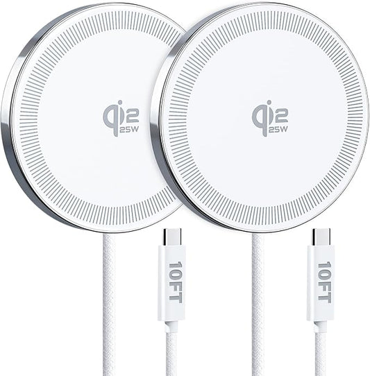 25W Wireless Charger for MagSafe, Qi2.2 Magnetic Fast Charging Pad for iPhone 17/16/15/14/13/12 Series & AirPods, Strong Magnet, Portable Wireless Charger for Travel Home Office (White, 2Pack(10FT))