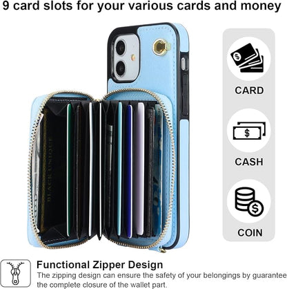Bocasal Crossbody Wallet Case for iPhone 12/12 Pro, RFID Blocking Leather Purse Case with Card Holder, Protective Handbag Flip Cover with Zipper Wrist Strap Lanyard for Women 5G 6.1 Inch (Blue)