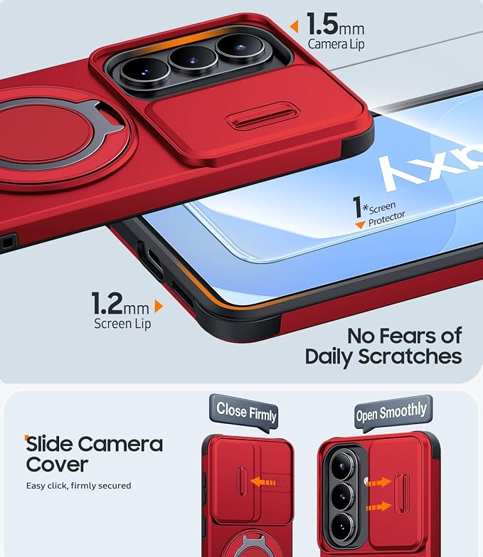 JAME for Samsung Galaxy S26+ Plus Case, Ring Holder Stand Kickstand, Slide Camera Cover with Screen Protector, Dual-Layer Shockproof Protective, Magnetic Accessory Friendly S26 Plus Phone Case, Red