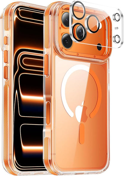 Strong Magnetic for iPhone 17 Pro case with camera lens protector [10Ft Military-Grade Protection] Compatible with fit MagSafe Shockproof Slim Thin Cover case for iPhone 17 Pro 6.3 inch, Clear Orange