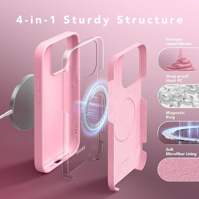 GONEZ for iPhone 15 Pro Max Case Silicone, Compatible with Magsafe, Camera Protector + Screen Protector, Soft Anti-Scratch Microfiber Lining, Liquid Silicone Shockproof Phone Cover, Sweetie Pink