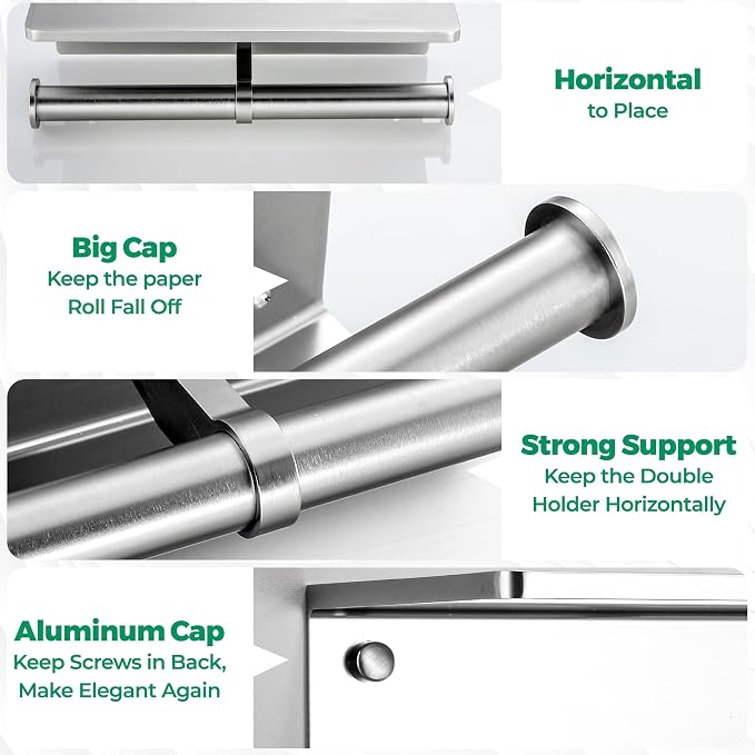 Toilet Paper Holder - Aluminium Double Roll Toilet Tissue Holder with Mobile Phone Shelf for Bathroom, 3M Self Adhesive No Drilling or Wall-Mounted, Rustproof Modern Style Brushed Nickel