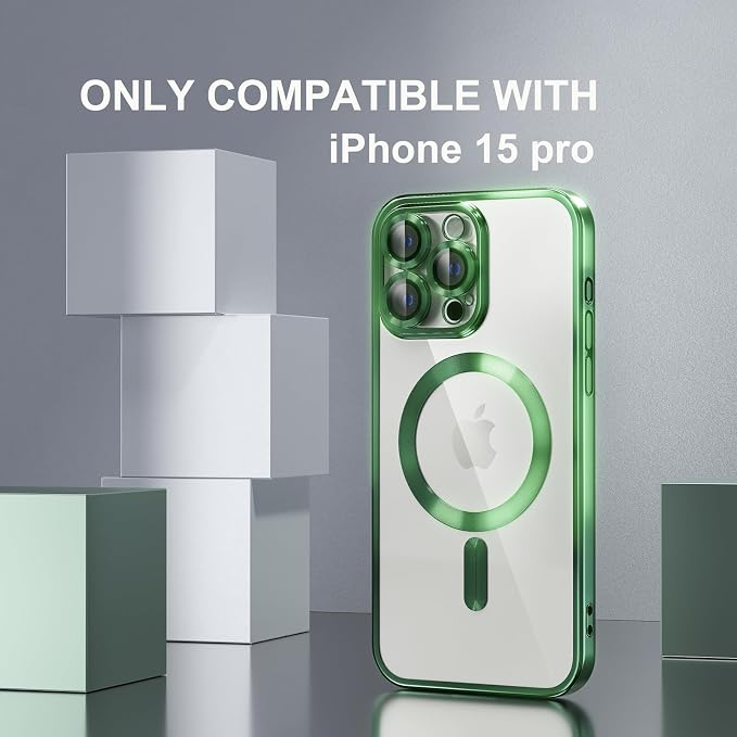 Misea Magnetic for iPhone 15 Pro Case Compatible with MagSafe [Never Yellowing] [Military Grade Drop Protection] Full Camera Lens Protector Plating Soft Clear Phone Case for Women Girls, Green