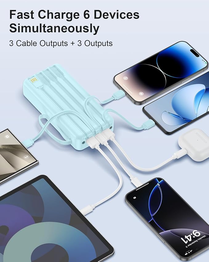 Portable Charger with Built-in Cables, 27000mAh Slim 30W Fast Charging Power Bank with LED Display, USB C Battery Pack 6 Outputs & 2 Inputs, Travel Essential Charger for iPhone, Samsung, Google etc