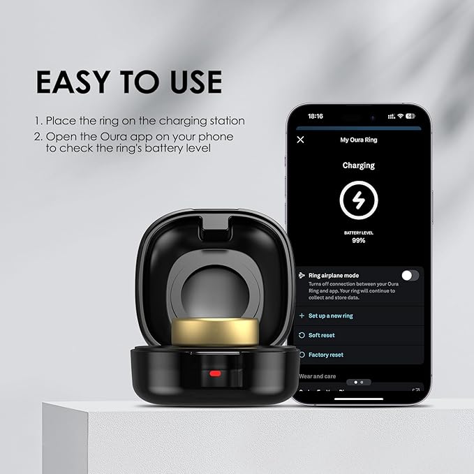 600mAh Wireless Charging Case Compatible with Oura Ring Gen4 Charger Portable Travel Charging Box for Smart Ring, Fast Charging Dock with USB-C Cable (Black, Size 7)