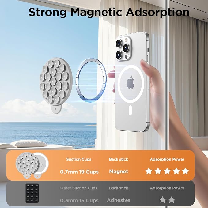 Magnetic Suction Cup Phone Mount with MagSafe, Silicone Hands-Free Grip Holder for iPhone Case and Android, Mirror Shower Phone Stand for Makeup FaceTime Gym Kitchen Bathroom, Light Gray