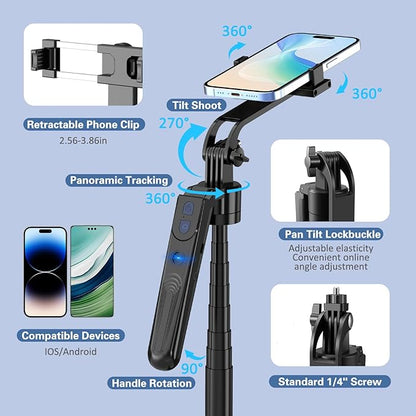 70" Auto Face Tracking Tripod for iPhone,360 Rotation Travel Selfie Stick Stand,Face Tracking Phone Tripod with Light and Remote,Applied to Tiktok YouTube Vlog Video Recording