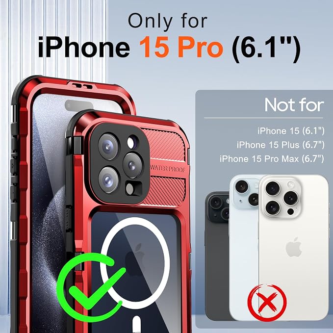 WIFORT for iPhone 15 Pro Waterproof Case - Metal Heavy Duty Full Body Protective Cover Built-in Screen Protector, IP68 Water Proof Military Grade Shockproof Rugged Drop Defender Phone case 6.1" Red