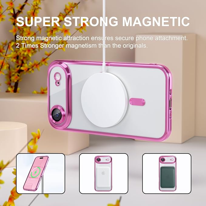Misea Magnetic for iPhone 17 Air Case Compatible with MagSafe [Never Yellowing] [Military Grade Drop Protection] Full Camera Lens Protector Plating Soft Clear Phone Case for Women, Hot Pink