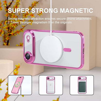 Misea Magnetic for iPhone 17 Air Case Compatible with MagSafe [Never Yellowing] [Military Grade Drop Protection] Full Camera Lens Protector Plating Soft Clear Phone Case for Women, Hot Pink