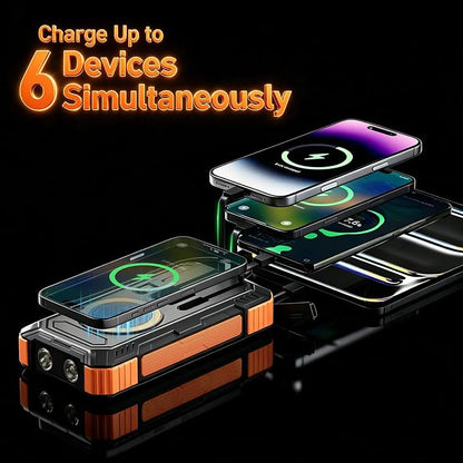 Solar Power Bank 49800mAh Portable Wireless Charger with USB-C 22.5W Fast Charging Built in 4 Cables Compatible with iPhone, iPad, Bright LED Flashlight Perfect for Camping
