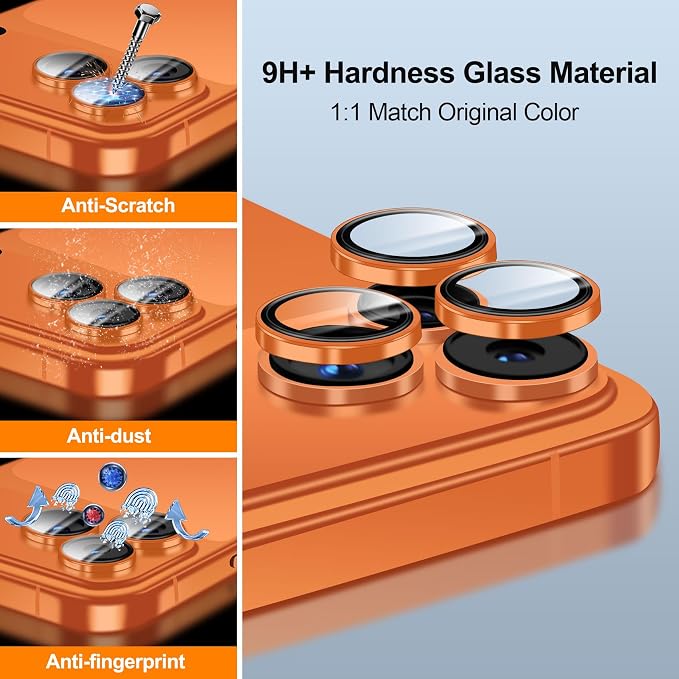 QHOHQ 2 Set Camera Lens Protector for iPhone 17 Pro Max/17 Pro/16 Pro Max/16 Pro/15 Pro Max/15 Pro, Individual Anti Shatter Lens Protector,[15FT Military Grade Protection],1-Second Auto-Install- Orange