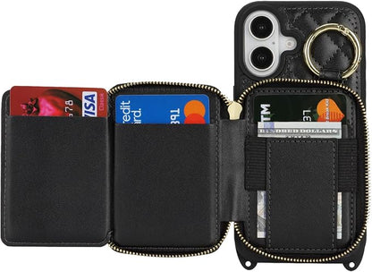 Crossbody Wallet Case for iPhone 17, PU Leather Zipper Handbag Purse Flip Cover, Kickstand Folio Case with Card Slots Holder Wrist Strap Lanyard 5G 6.3 Inch-Black