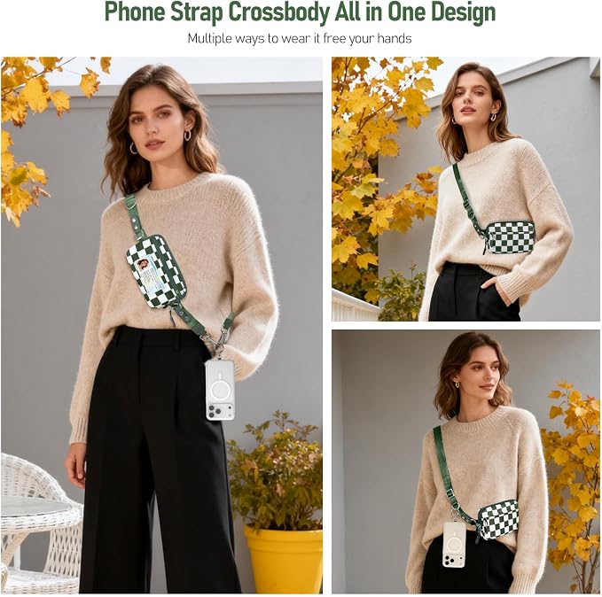Clip and Go Strap for Phone with Wallet Crossbody Phone Lanyard and Detachable Checkered Bag with ID Window and RFID Pouch for Daily Travel.