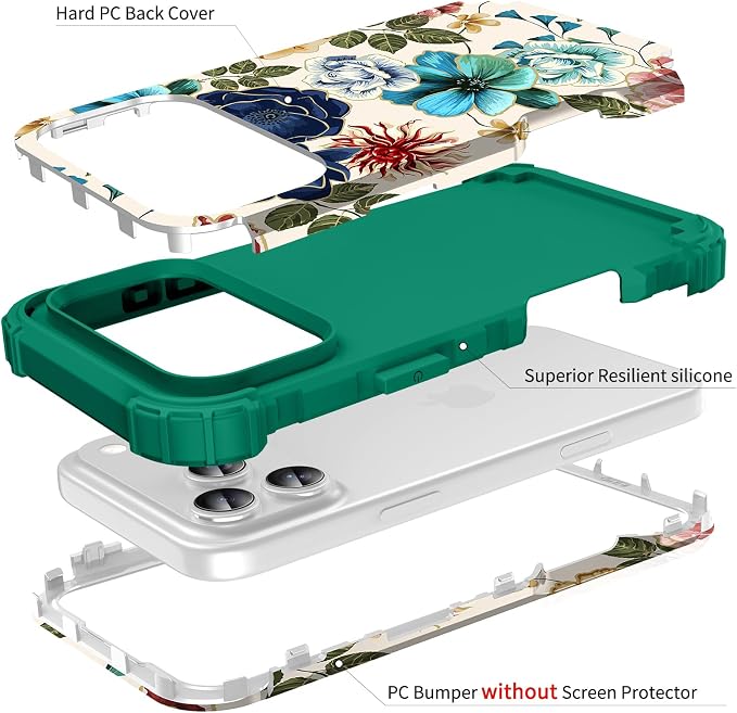 Hocase for iPhone 17 Pro Max Case, Heavy Duty Shockproof Protection Soft Silicone Rubber+Hard Plastic Bumpers Hybrid Protective Case for iPhone 17 Pro Max 2025 - Teal Flowers