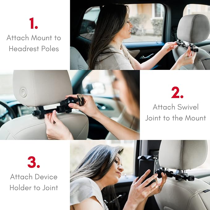 Macally Tablet Holder for Car Headrest - Adjustable iPad Headrest Mount for Car - Super Secure Car iPad Holder Backseat Kids - Fits All 4.7-12.9" Back Seat Devices (iPad Pro/Air/Mini, Nintendo Switch)