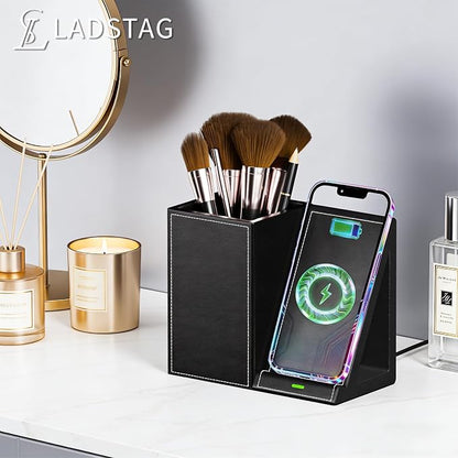 LADSTAG Makeup Brush Holder,Leather Makeup Brush Holder Organizer with phone charging stand，Makeup Organizers Countertop, Makeup organization and Skincare Storage for Vanity, Desktop, Bathroom