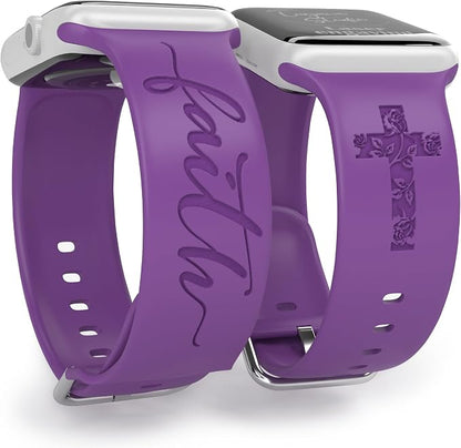 Faith with Cross Watch Band Compatible with Apple Watch Laser Engraved iWatch Band Silicone 38mm 40mm 41mm 42mm 44mm 45mm 46mm 49mm Strap Jesus Psalm Christian God Blessed (Purple, 38/40/41mm M/L)