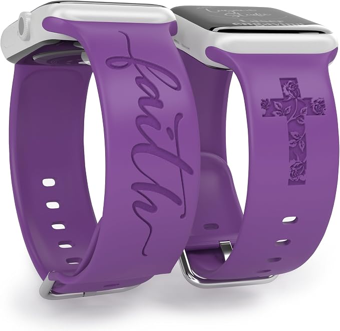 Faith with Cross Watch Band Compatible with Apple Watch Laser Engraved iWatch Band Silicone 38mm 40mm 41mm 42mm 44mm 45mm 46mm 49mm Strap Jesus Psalm Christian God Blessed (Purple, 38/40/41mm S/M)