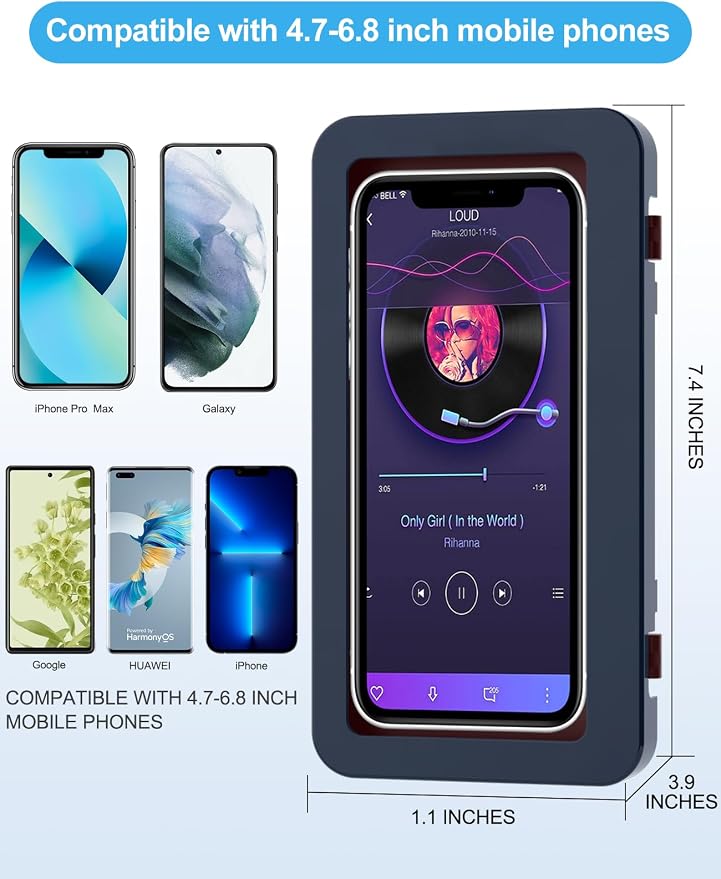 KUNSLUCK Shower Phone Holder, Waterproof Anti-Fog Touch Screen Case, Wall Mount for Bathroom Mirror & Bathtub, Compatible with 4.7"-6.8" Mobile Phones (Blue & Red)
