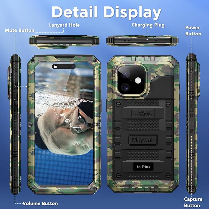 Mitywah Waterproof Case for iPhone 16 Plus, Shockproof Heavy Duty Case with Built-in Screen Protector, Underwater Full Body Protective Metal Case 6.7 inch, Camouflage