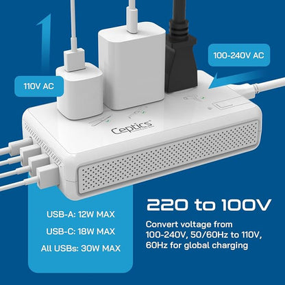 Ceptics 2000W Voltage Converter for Travel, 220V to 110V Converter w/Type C, E/F, G, I Plugs, 2000W Hair Dryer Outlet, 4 USB w/ 1 USB-C PD 18W Fast Charge