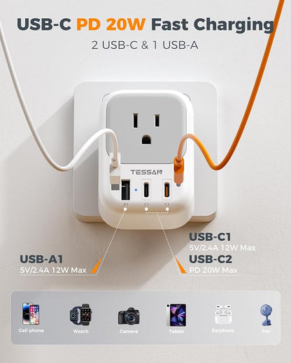 Australia Plug Adapter 2 Pack, TESSAN PD 20W New Zealand Power Adapter with 4 Outlets 3 USB Ports (2 USB-C), Type I Travel Adaptor for US to Australian Argentina China Fiji Samoa Tonga Kiribati