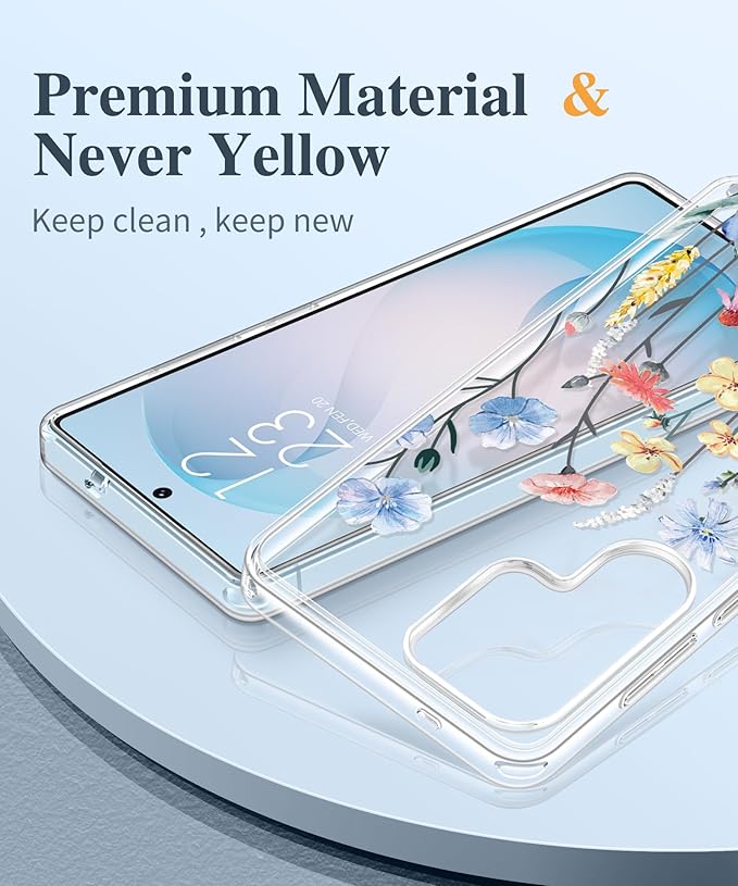 GVIEWIN for Samsung Galaxy S26 Ultra Case, Clear Floral Slim Shockproof Protective Women Phone Case, Non-Yellowing, with Screen Protector & Camera Lens Protector for S26 Ultra 6.9", Aconite/Light Blue