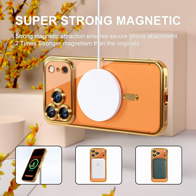 Misea Magnetic for iPhone 17 Pro Max Case Compatible with MagSafe [Never Yellowing] [Military Grade Drop Protection] Full Camera Lens Protector Plating Soft Clear Phone Case for Women, Gold