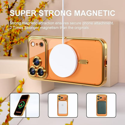 Misea Magnetic for iPhone 17 Pro Max Case Compatible with MagSafe [Never Yellowing] [Military Grade Drop Protection] Full Camera Lens Protector Plating Soft Clear Phone Case for Women, Gold