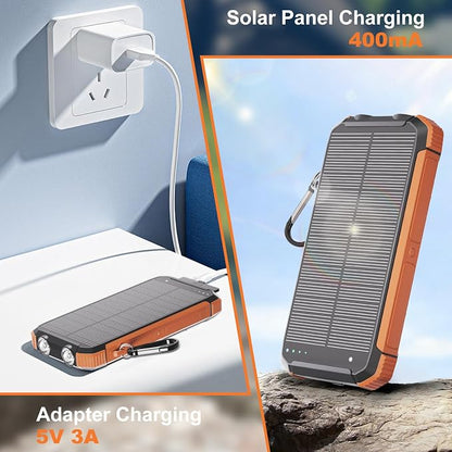 Solar Charger Power Bank 20000mAh, Wireless Fast Charging Battery Pack with 3 Built-in Cables & USB-C Input, Dual LED Flashlights, Portable Phone Charger for Camping, Travel & Emergency Use (Orange)