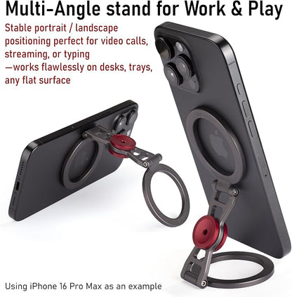 Magnetic Phone Stand & Fidget Spinner Combo– Hands-Free Holder for iPhone 12-17/MagSafe Cases – Dual Magnetic Rings, Strong Adhesion, Stress Relief Accessory for Home/Office/Travel/Gym