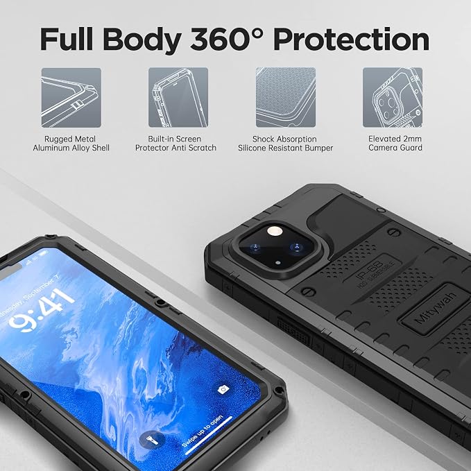 Mitywah Waterproof Case for iPhone 14 Plus, Heavy Duty Shockproof Case with Built-in Screen Protector, Full Body Underwater Protective Metal Case 6.7 inch, Black