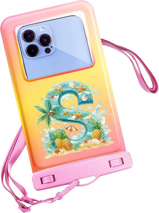 Personalized Initial Waterproof Phone Pouch Case - IPX8 Cellphone Dry Bag with Lanyard for iPhone 16/15/14/13/12 Pro Max (6.1–6.9"), Beach & Cruise Ship Essentials with Monogrammed Design (Pink, S)