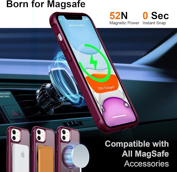 360° Magnetic Swivel Ring for iPhone 11 case, Built-in Metal Stand and Ring Holder, Magsafe Compatible, Military Grade Protection, Shock and Vibration Resistant - Wine Red