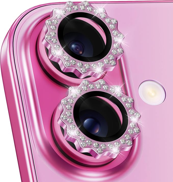 Xfilm for iPhone 16/16 Plus Camera Lens Protector Bling Individual Sun Design Diamond Ring 9H Hardness Scratchproof Protector, Stylish Phone Accessories, Case Friendly (Pink)