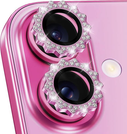 Xfilm for iPhone 16/16 Plus Camera Lens Protector Bling Individual Sun Design Diamond Ring 9H Hardness Scratchproof Protector, Stylish Phone Accessories, Case Friendly (Pink)