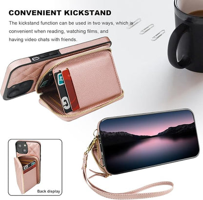 Bocasal Crossbody Wallet Case for iPhone 14 Plus, RFID Blocking PU Leather Zipper Handbag Purse Flip Cover, Kickstand Folio Case with Card Slots Holder Wrist Strap Lanyard 5G 6.7 Inch (Rose Gold)