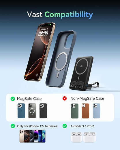 INIU Magnetic Portable Charger, Slim Qi2 Certified 5000mAh 20W Magnetic Power Bank, USB C in&Out Wireless Battery Pack Phone Charger, Only for iPhone 16/15/14/13/12 Series, White