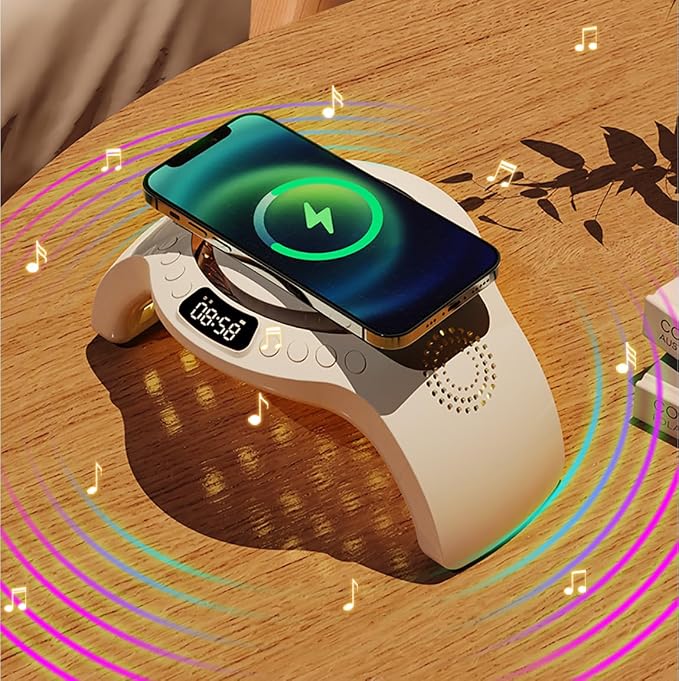 5 in 1 mutifunction Mobile Wireless Charger with Bluetooth Speaker, UV Nail Lights, Clock Alarm,Night Light